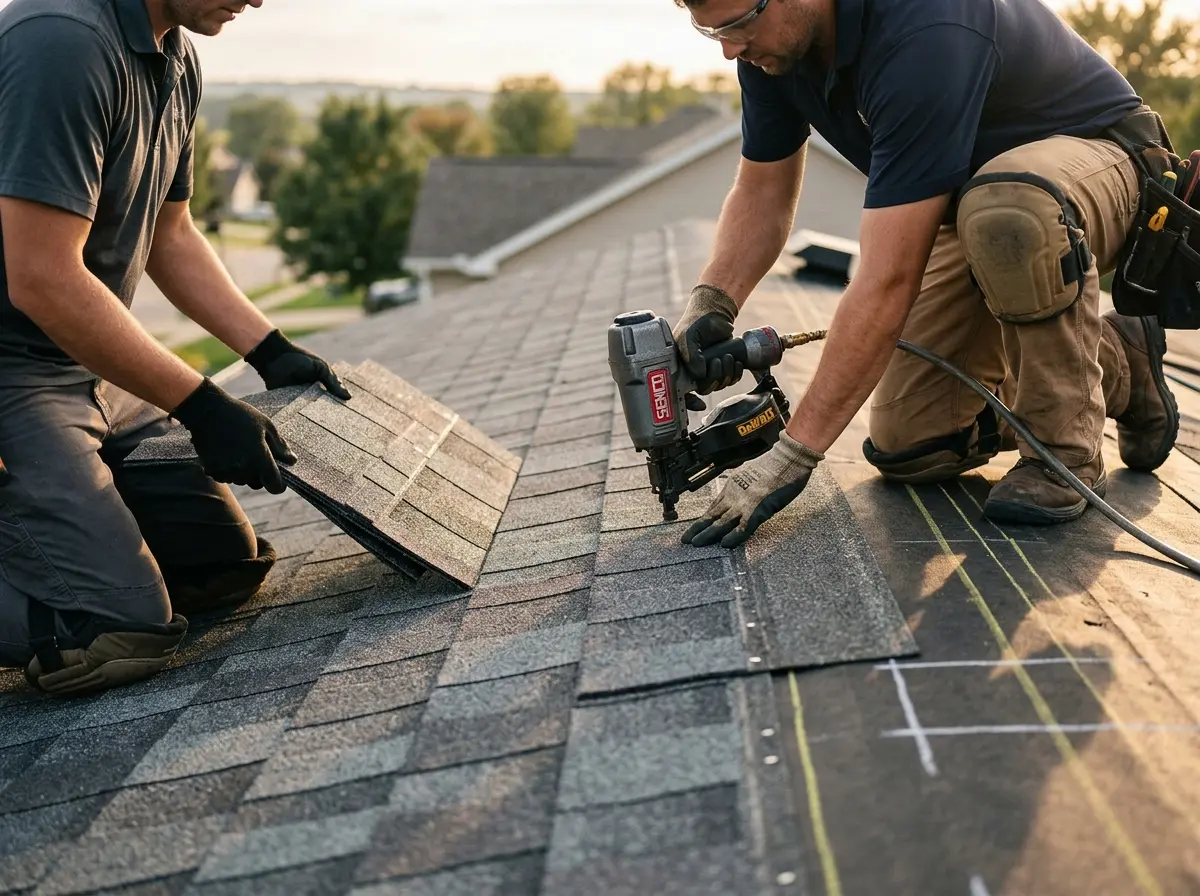 Professional roofer working on a residential roof in Los Ranchos de Albuquerque